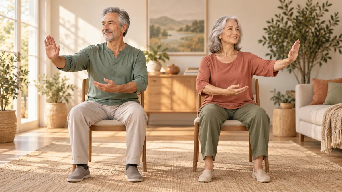 Two older adults practising seated tai chi in a sunny living room